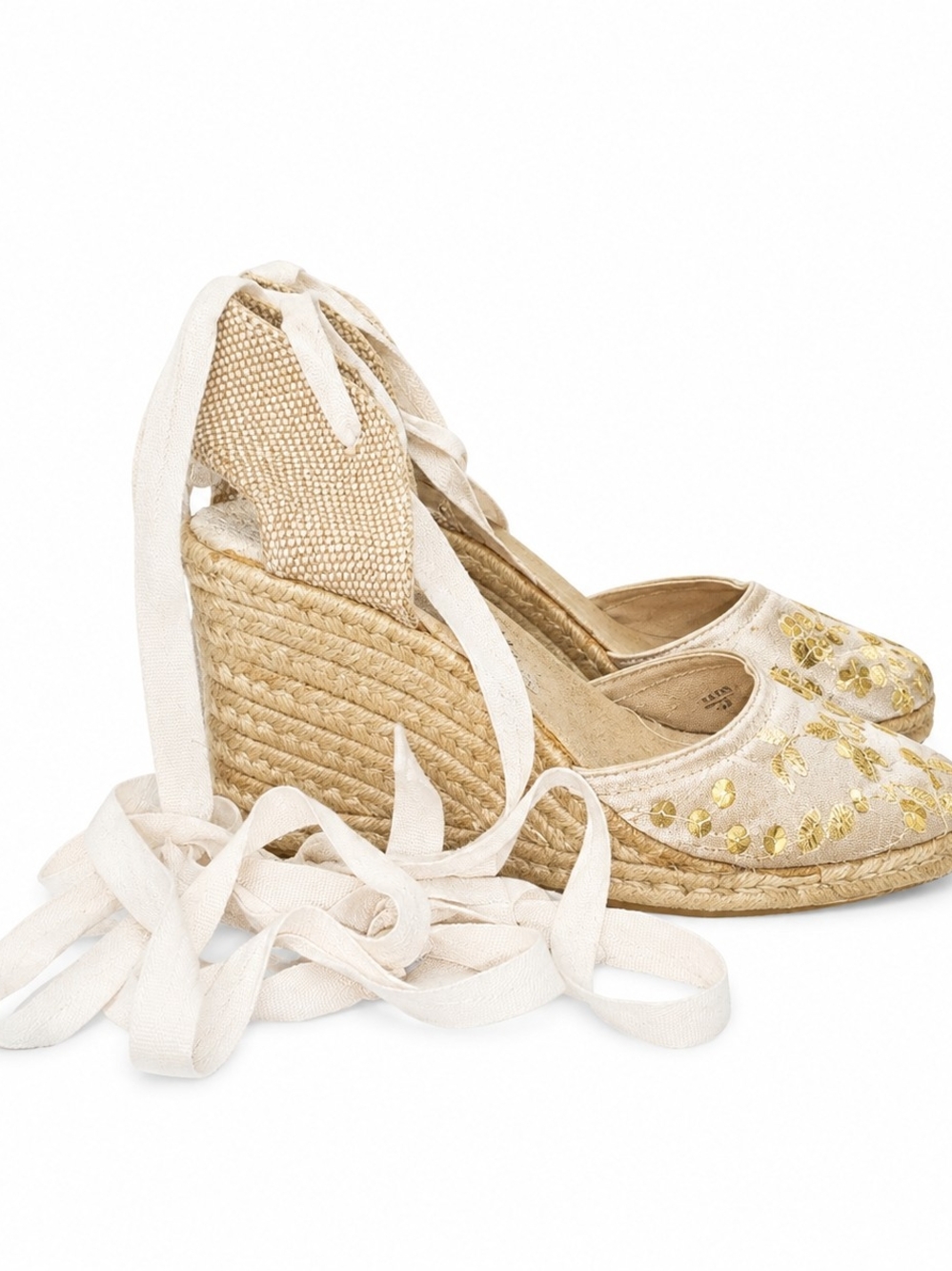 Espadrille Wedge Lace-Up Heels in Cream with Gold Embroidery Size9m